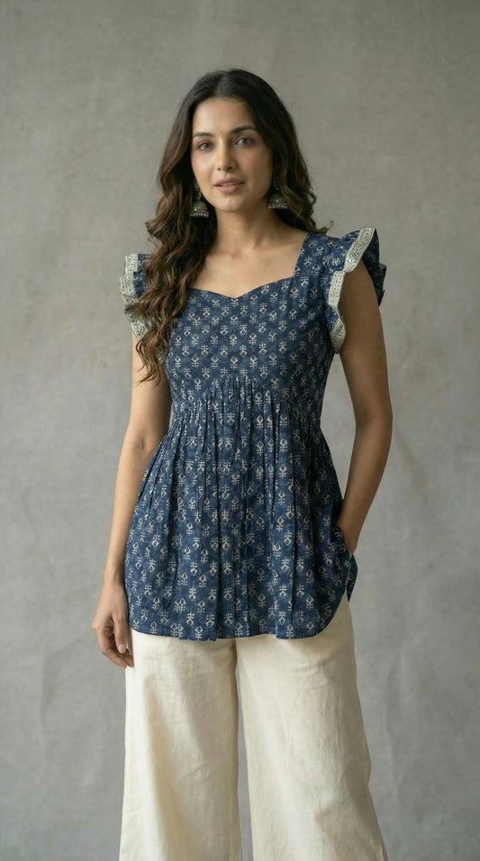 Indigo Printed Cotton Kurti - Ruffle Sleeve Flared Tunic| Mayura