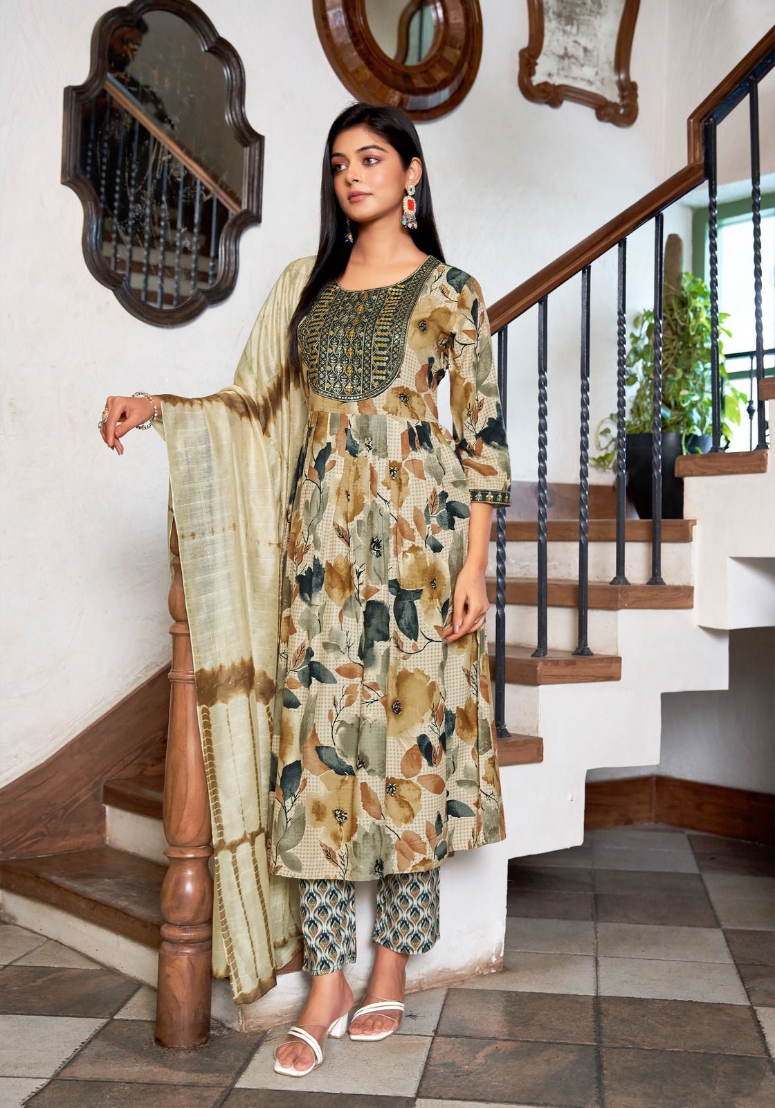 Beige Floral Umbrella Kurti 3-Piece Set | Mayura