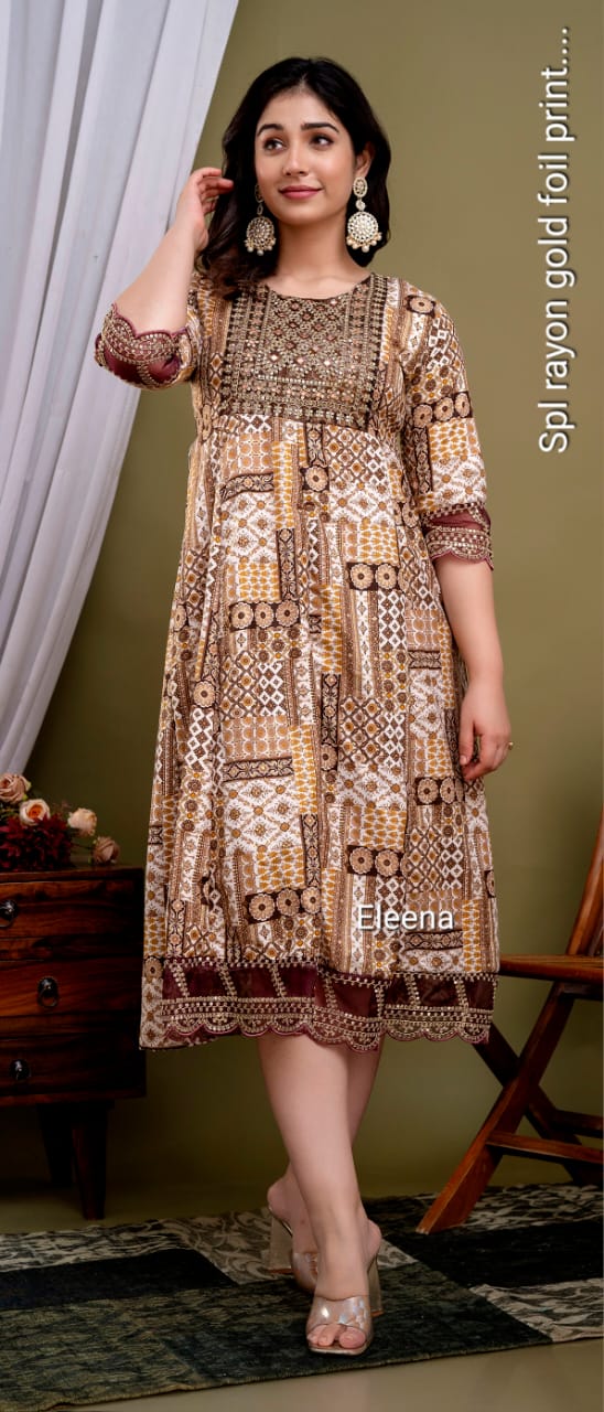 Brown Gold Foil Print Anarkali Kurti 1 Piece | Mayura