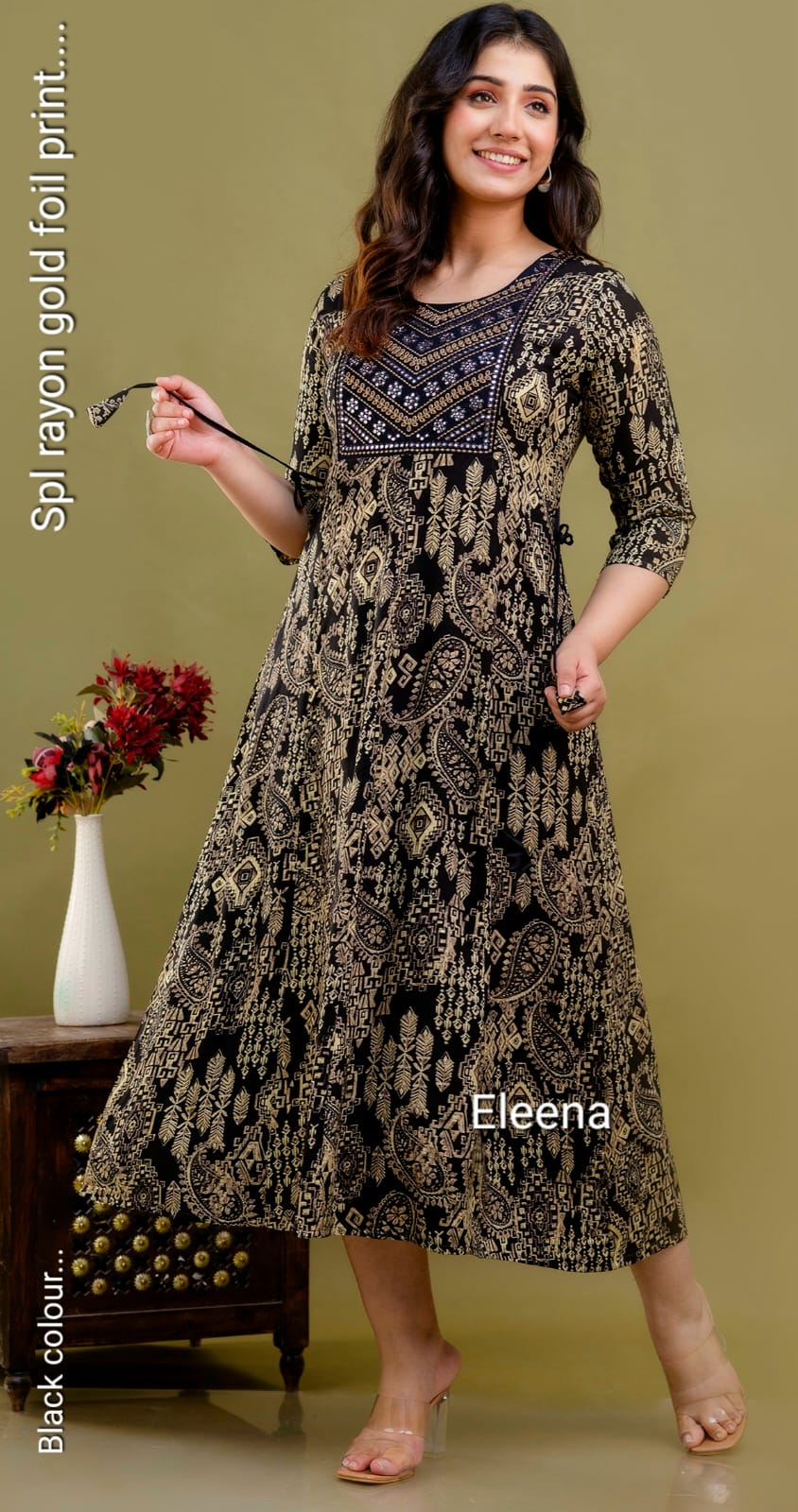 Black Gold Foil Paisley Print Anarkali Kurti 1 Piece | Mayura