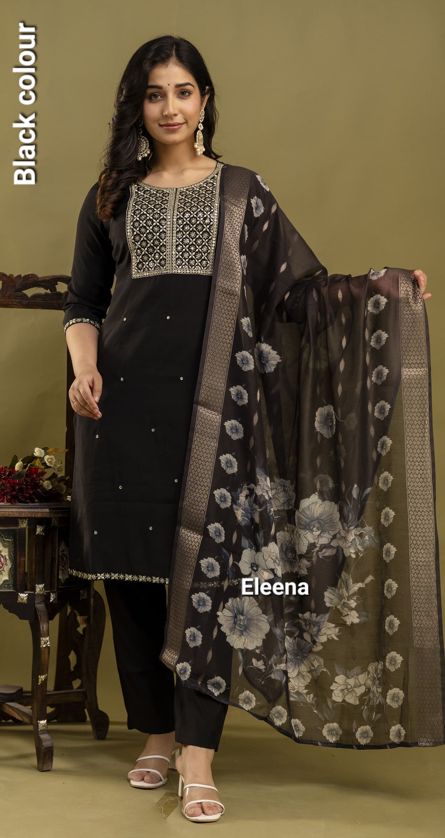 Black Embroidered Straight Kurti 3-Piece Set | Mayura