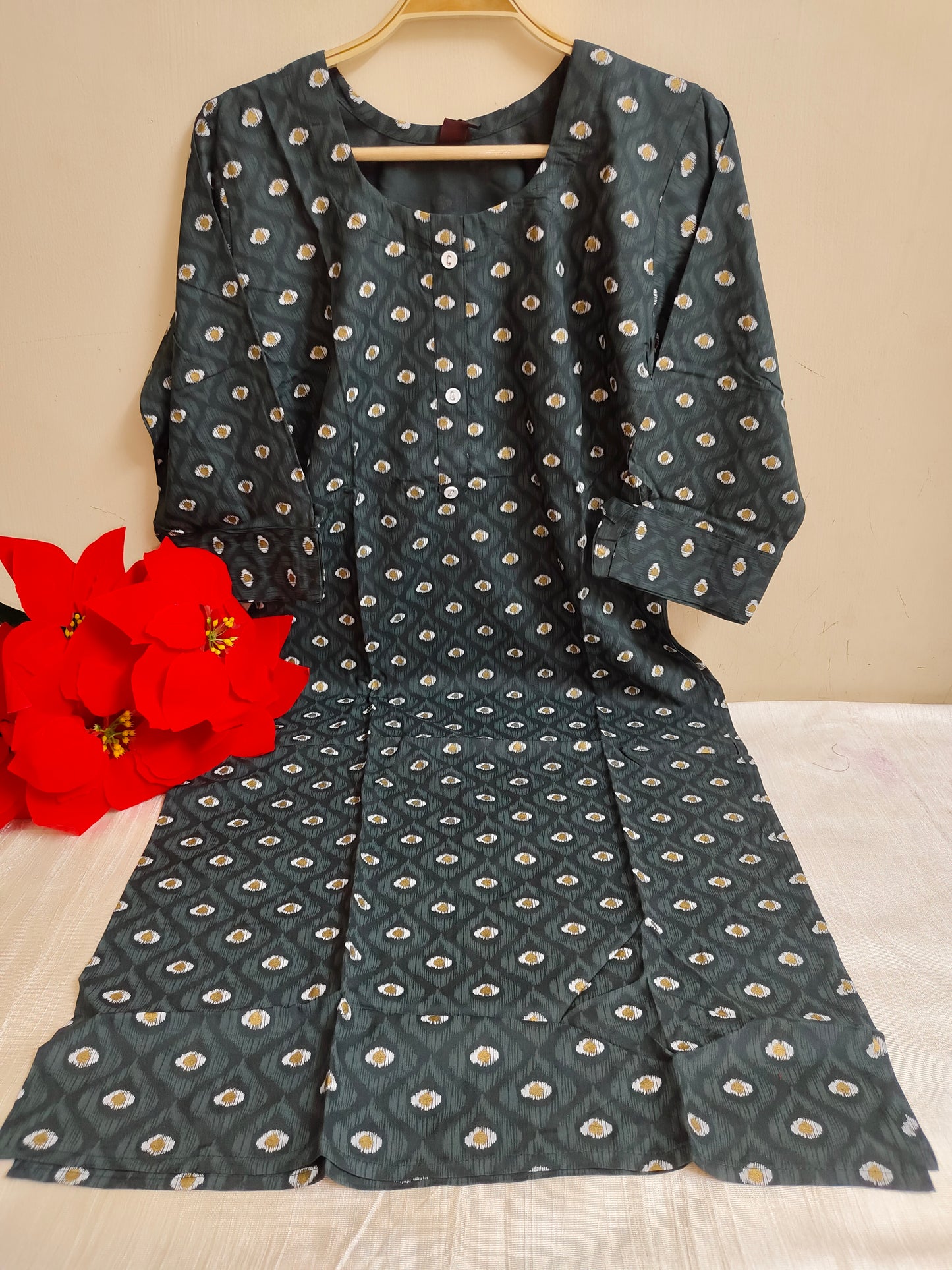 Dark Green Ikat Peacock Eye Booti Print Rayon Straight Kurti | Mayura