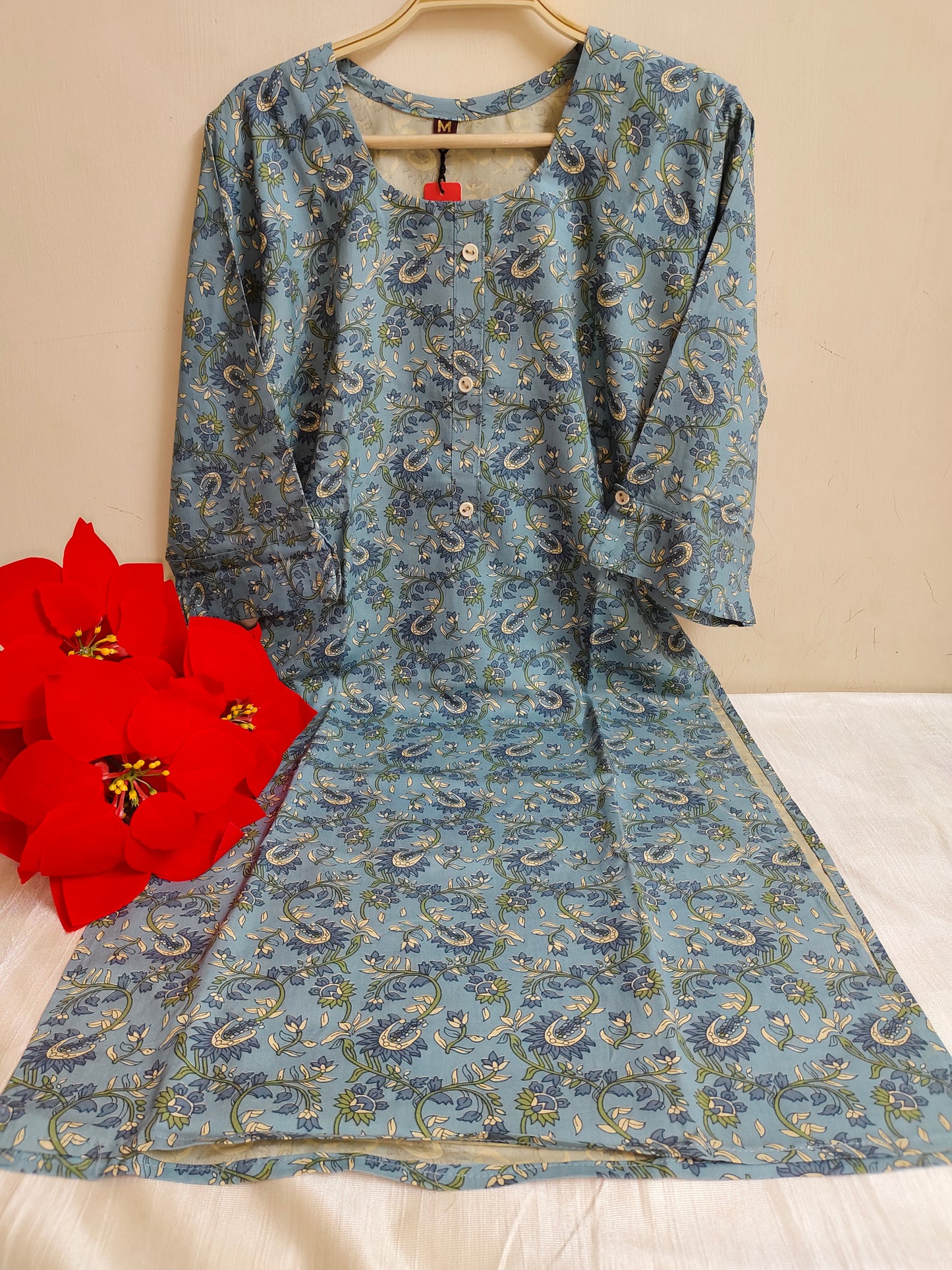 Powder Blue Paisley & Floral Vine Print Rayon Straight Kurti | Mayura
