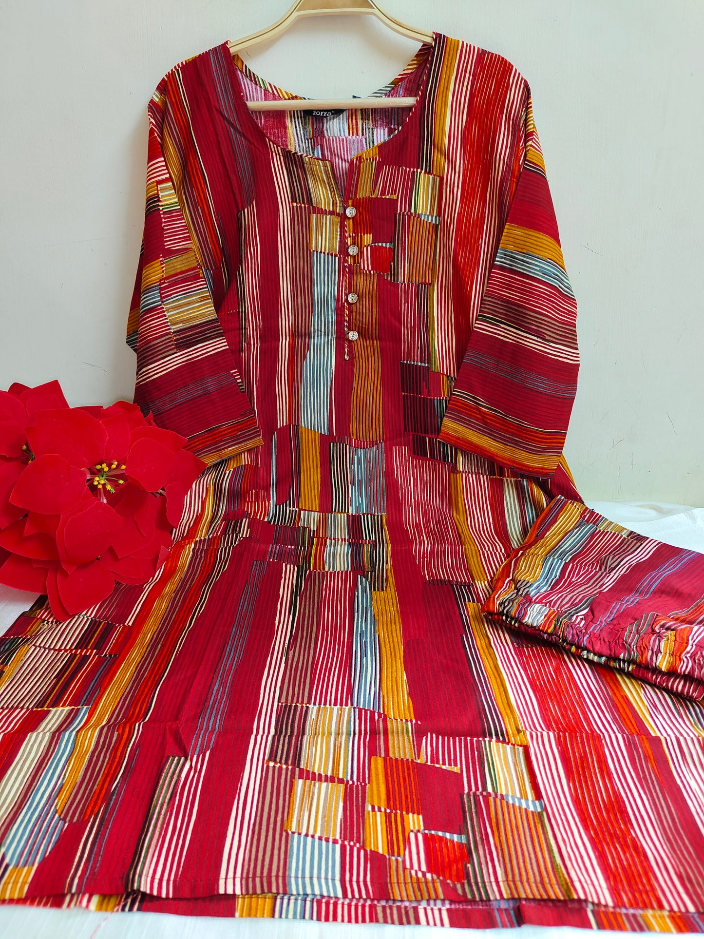 Red Multicolor Striped Rayon Kurti - 2 Piece Colorblock Set