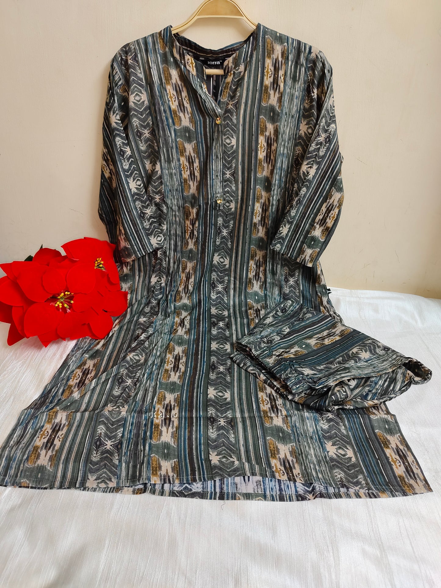 Grey Green Tribal Printed Rayon Kurti - 2 Piece Geometric Set | Mayura