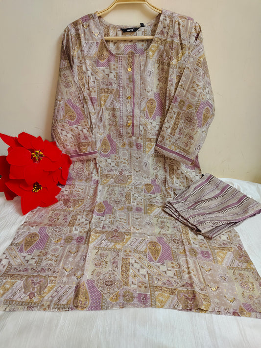 Mauve & Cream Patchwork Print Straight Kurti 2-Piece Set | Mayura