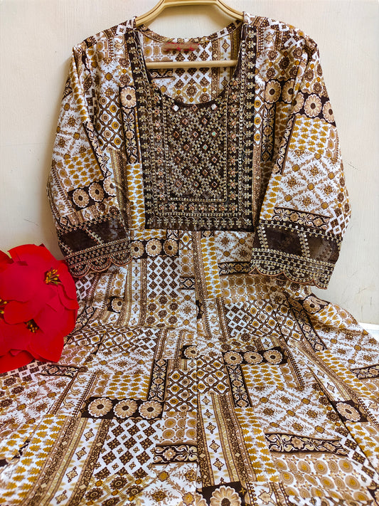 Brown Gold Foil Print Anarkali Kurti 1 Piece | Mayura