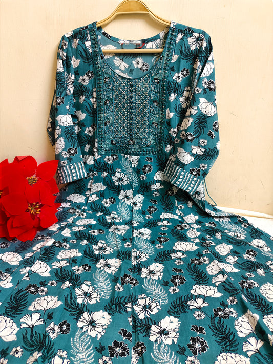 Teal Blue Floral Print Anarkali Kurti 1 Piece | Mayura