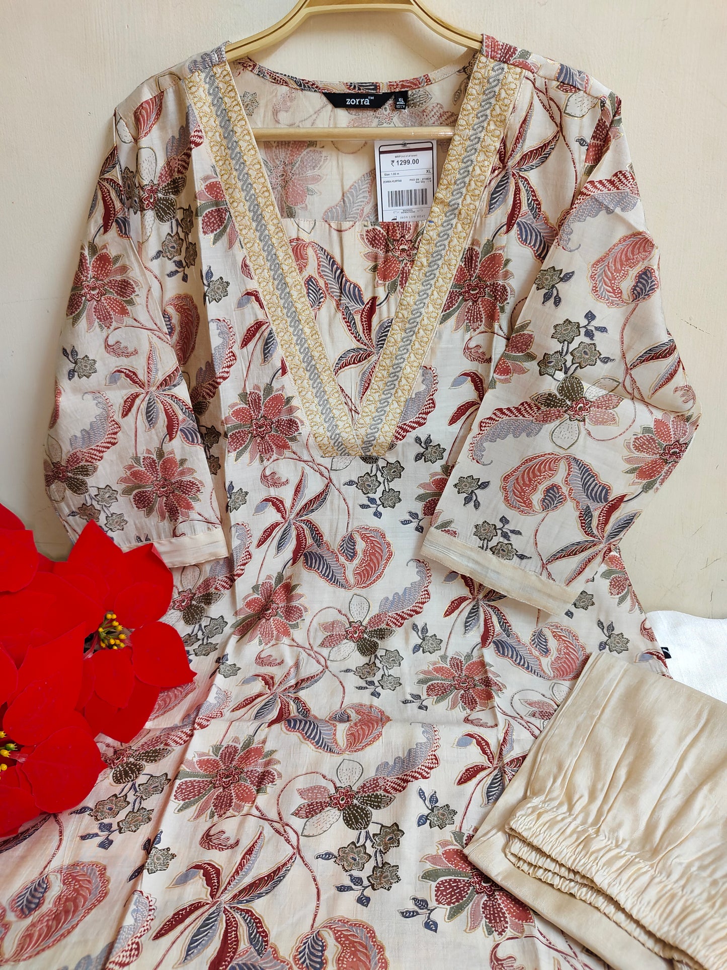 Off White Chanderi Silk Floral Kurti Set with Embroidered Border - 2 Piece Ethnic Suit | Mayura
