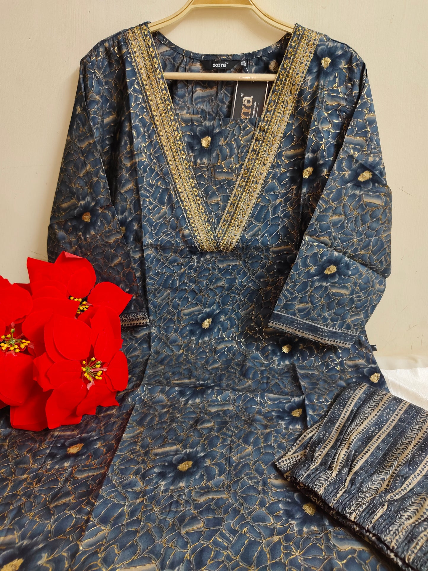 Blue Grey Chanderi Silk Kurti Set with Golden Border - 2 Piece Ethnic Suit | Mayura