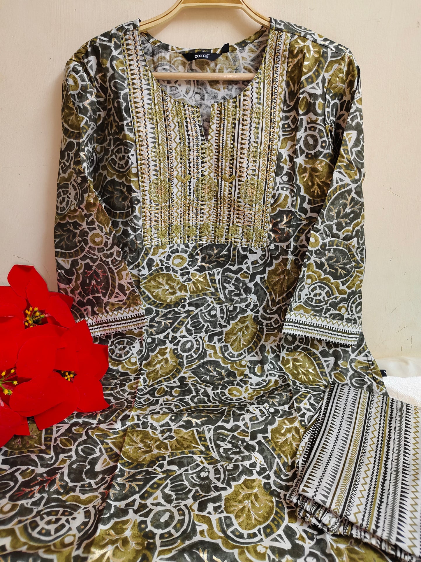 Olive Floral Embroidered Chanderi Silk 2-Piece Set | Mayura