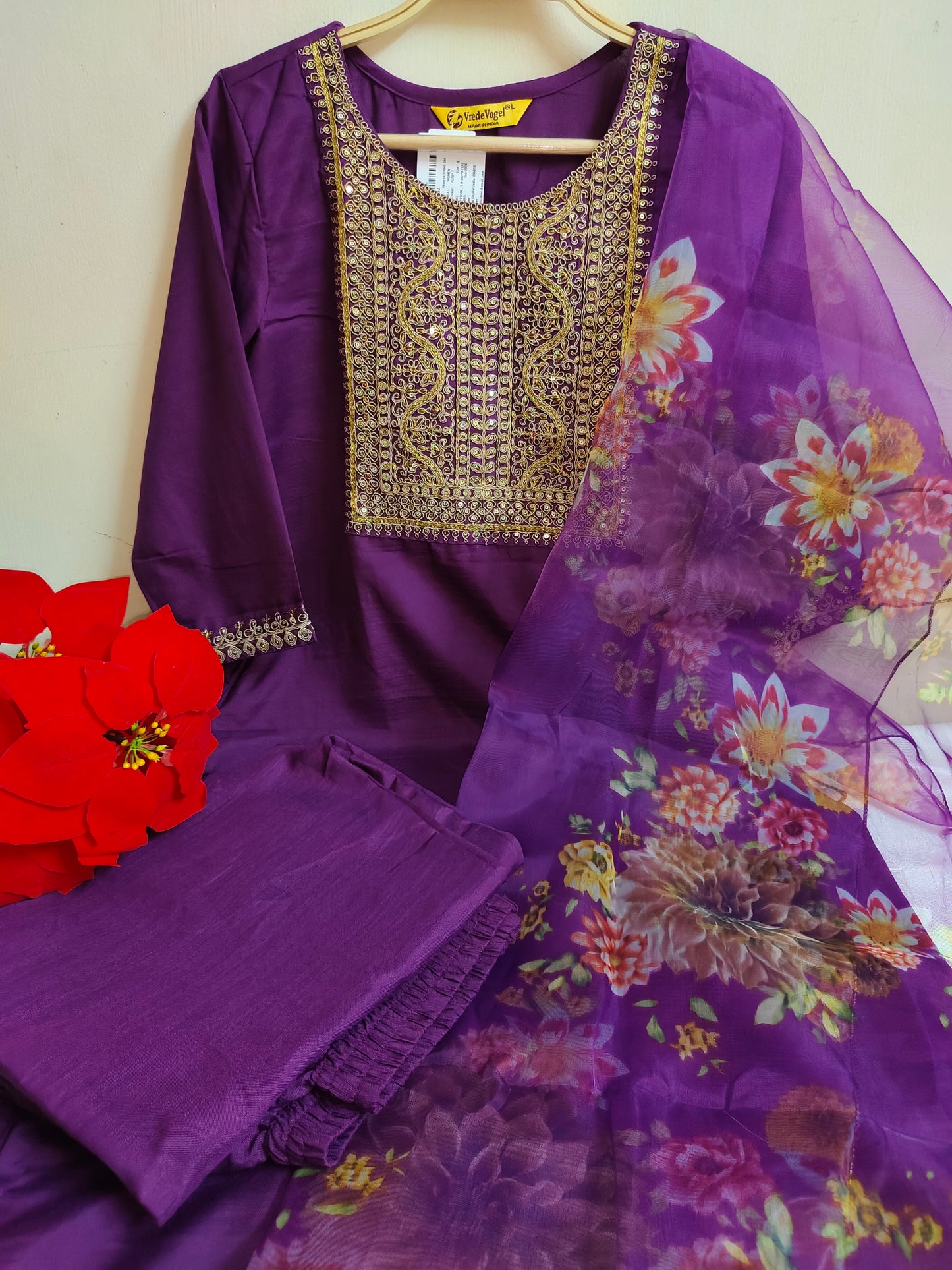 Deep Purple Embroidered Straight Kurti 3-Piece Set | Mayura