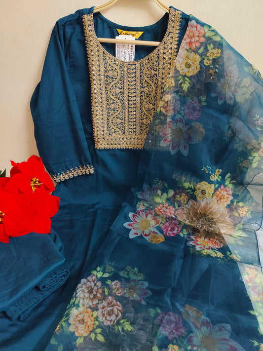 Teal Blue Embroidered Straight Kurti 3-Piece Set | Mayura