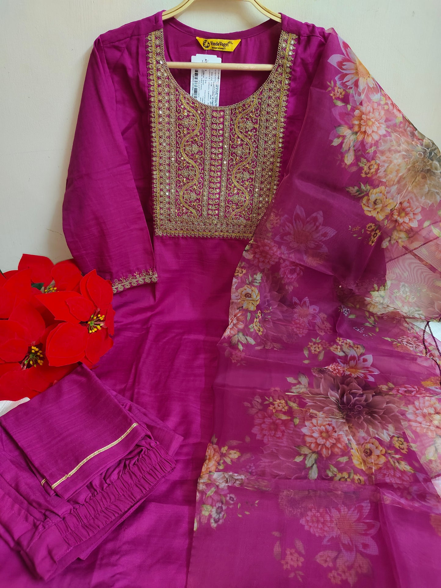 Rani Pink Embroidered Straight Kurti 3-Piece Set | Mayura
