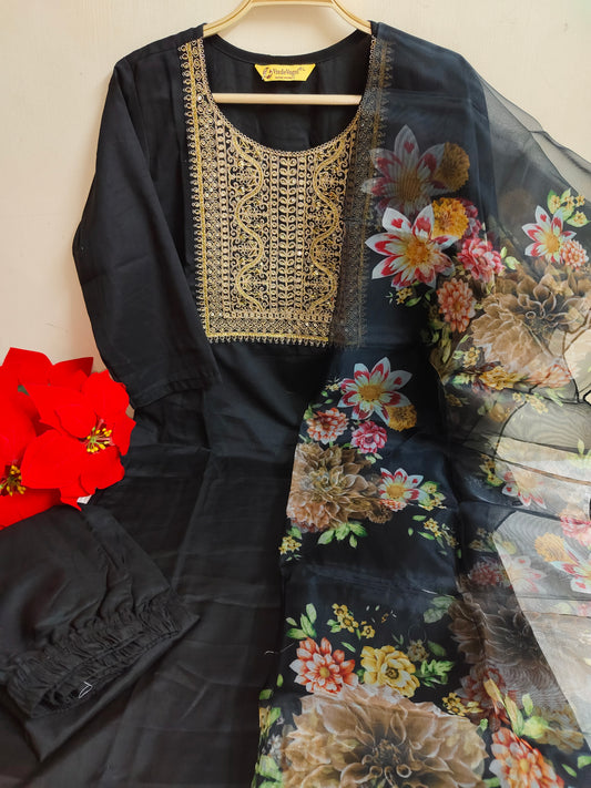 Black Embroidered Straight Kurti 3-Piece Set | Mayura