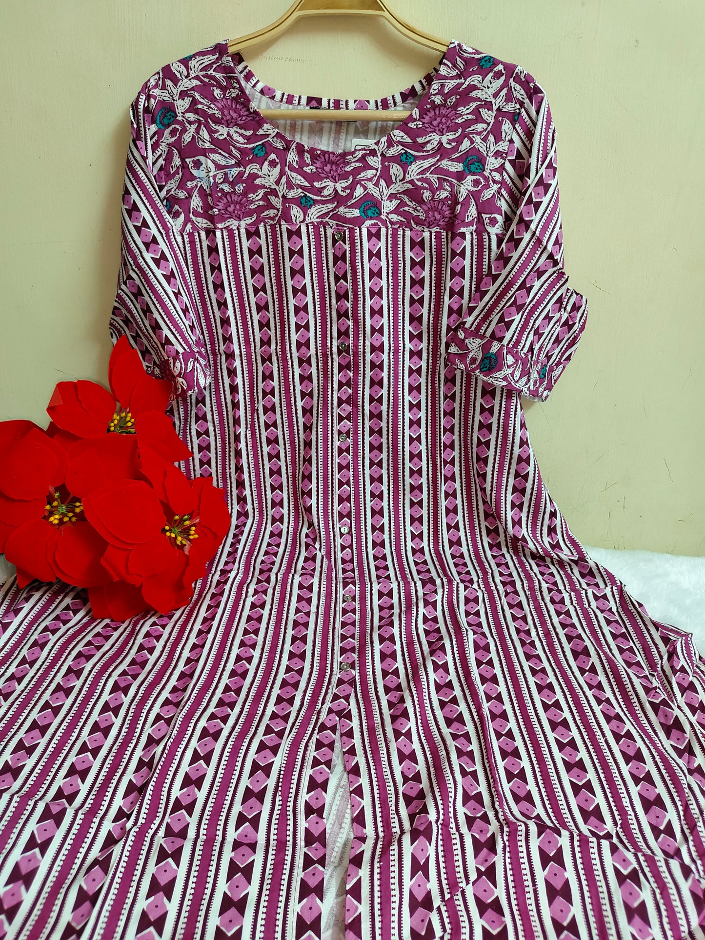 Pink & White Stripe Geometric Booti Print Rayon A-Line Kurti | Mayura