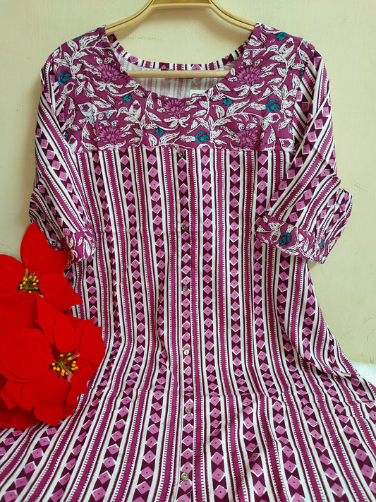 Pink & White Stripe Geometric Booti Print Rayon A-Line Kurti | Mayura