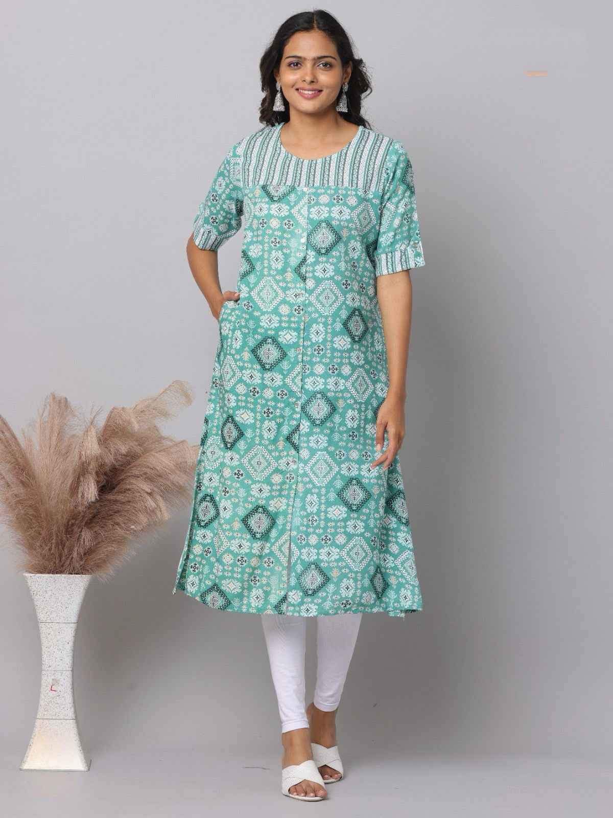 Mint Green Geometric Diamond Medallion Print Rayon A-Line Kurti | Mayura