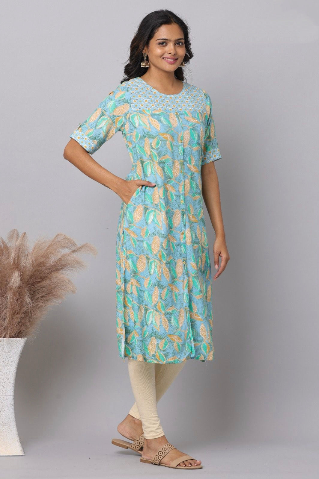 Sky Blue Tropical Leaf & Feather Print Rayon A-Line Kurti | Mayura