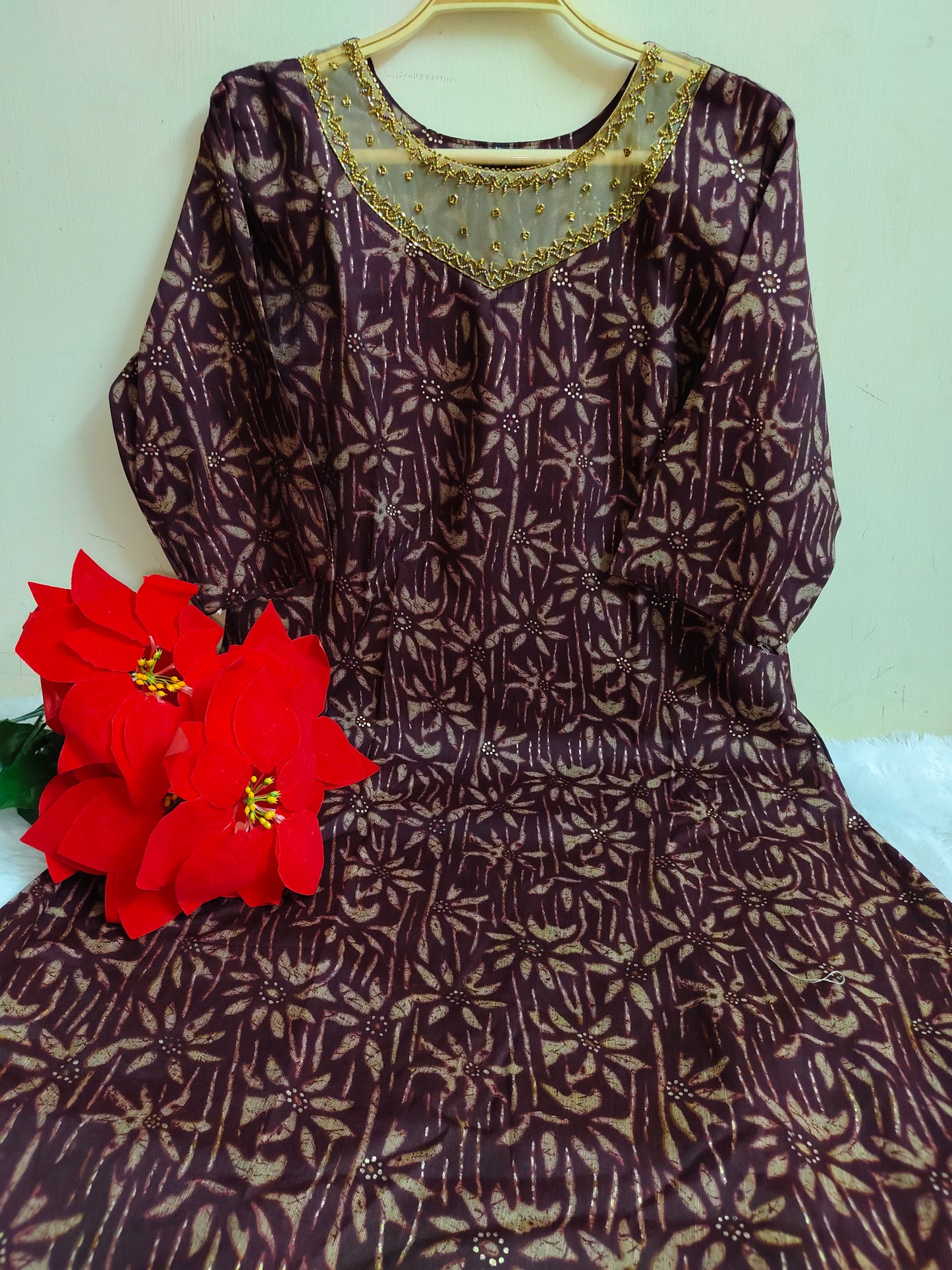 Dark Plum Foil Print Rayon Kurti | Mayura