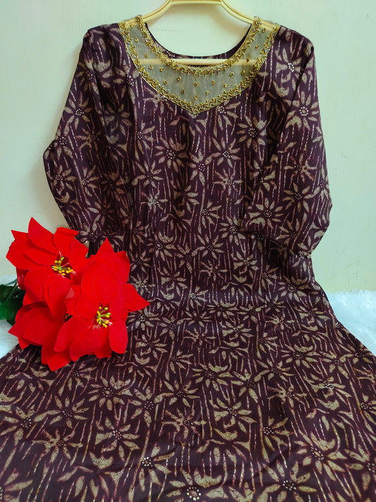 Dark Plum Foil Print Rayon Kurti | Mayura