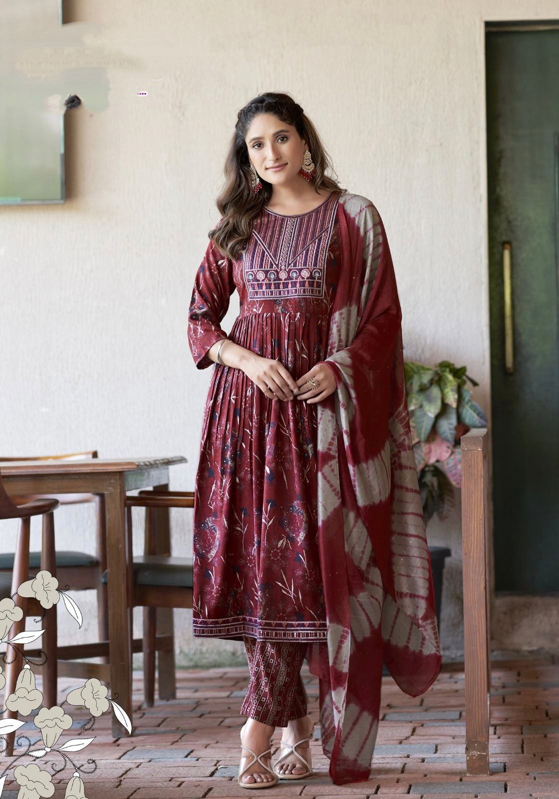 Maroon Floral Straight Kurti 3 Piece Set | Mayura