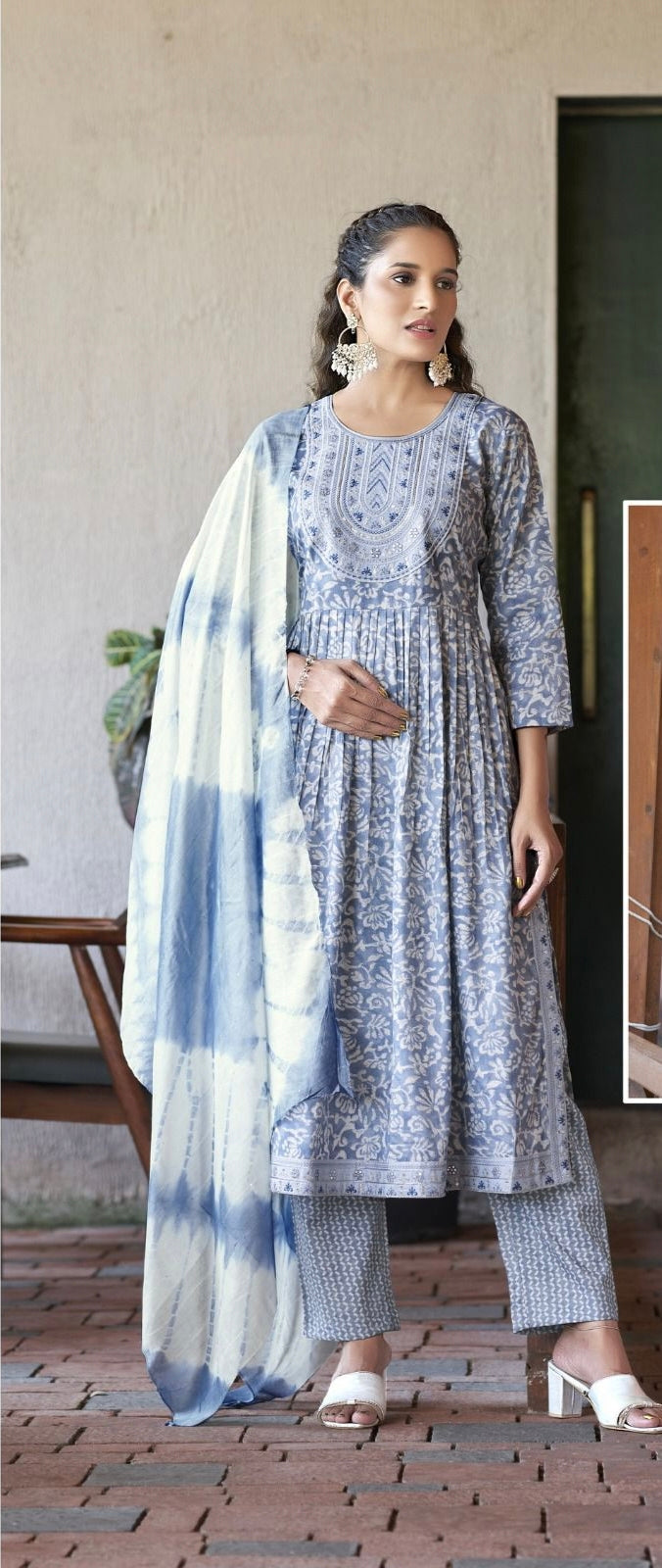 Grey Blue Floral Straight Kurti 3 Piece Set | Mayura