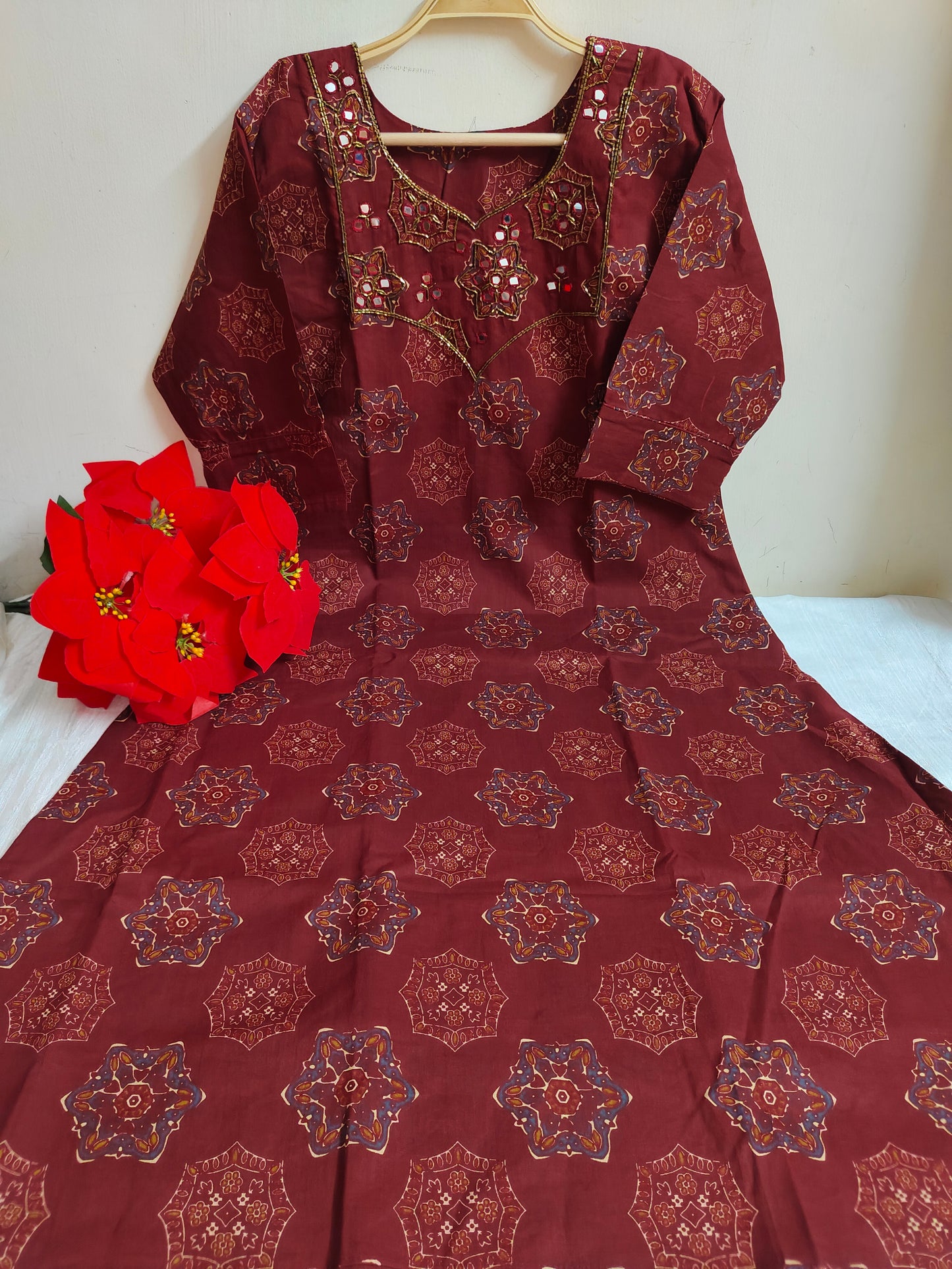 Brick Red Geometric Medallion Print Cotton Kurti | Mayura