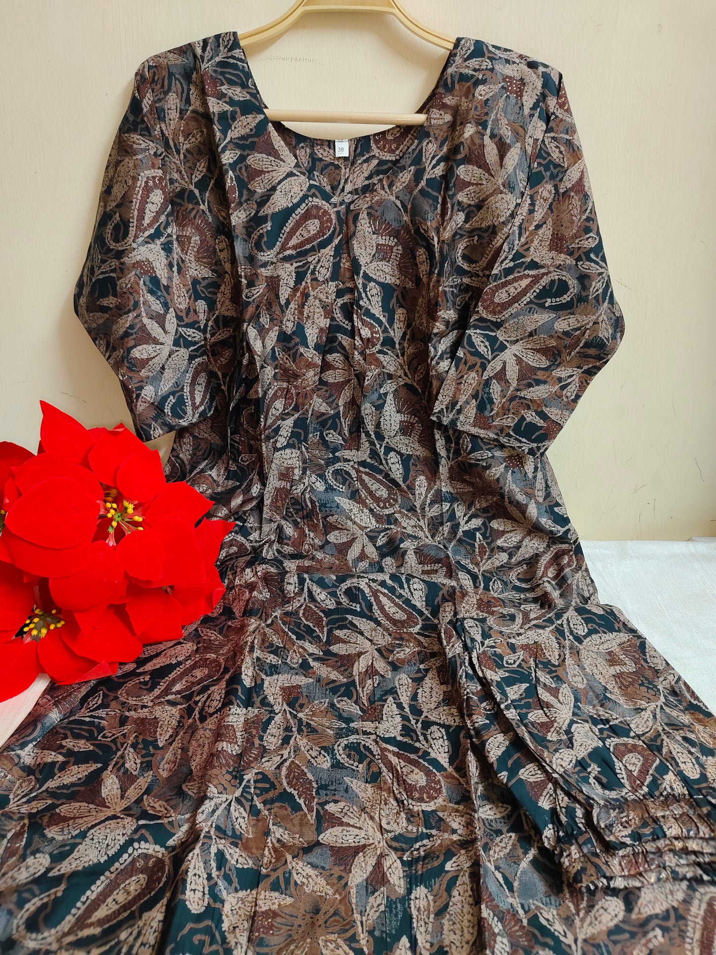 Teal Brown Paisley Printed Modal Silk Kurti Set for Women (2 Piece Ethnic Wear) | Mayura