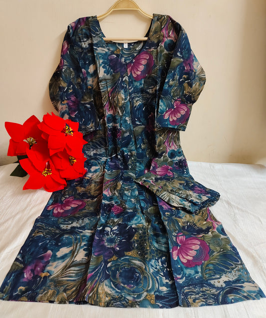 Blue Pink Abstract Floral Modal Silk Kurti for Women - 2 Piece Set with Lining | Mayura