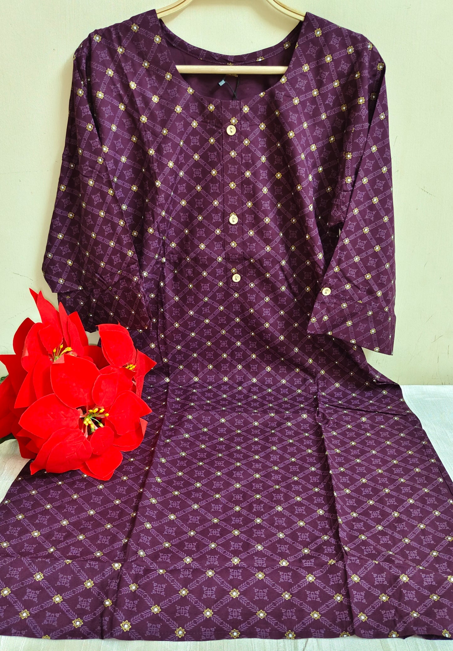 Deep Purple Geometric Diamond Lattice Print Rayon Straight Kurti | Mayura