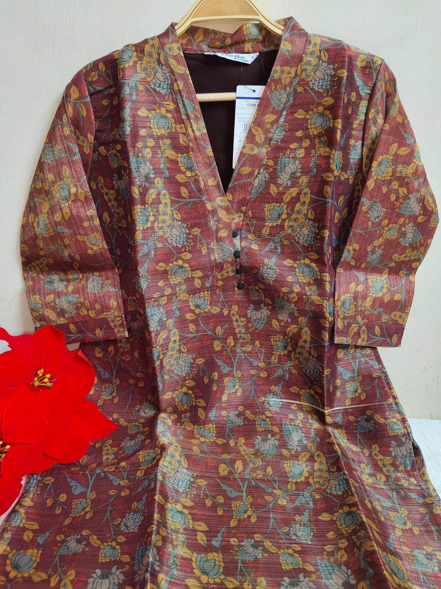 Maroon Floral Printed Tissue Silk Kurti with Lining - Collared Dress | Mayura