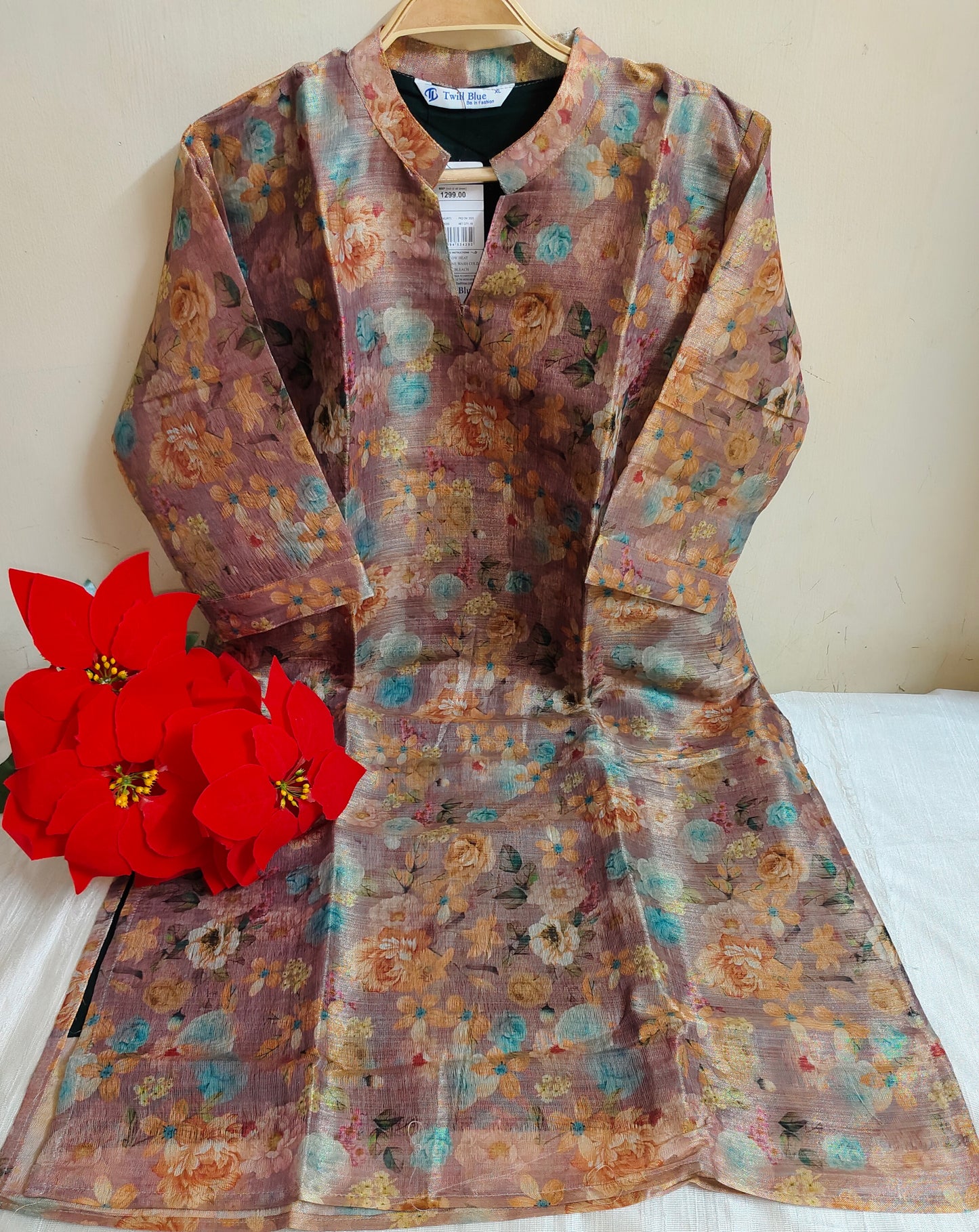 Multicolor Floral Printed Tissue Silk Kurti with Lining - V-Neck Dress | Mayura