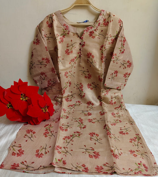 Beige Floral Tissue Silk Kurti | Festive & Wedding Ethnic Wear | Mayura