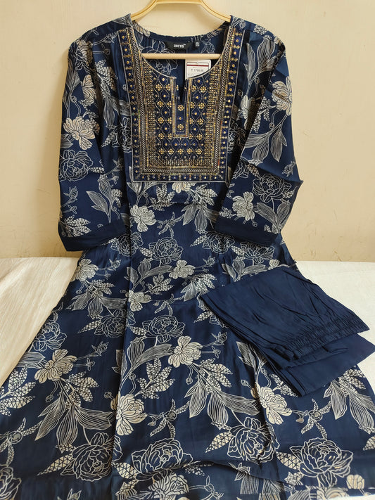 Navy Blue Floral Printed Chanderi Silk Kurti - 2 Piece Embroidered Set | Mayura