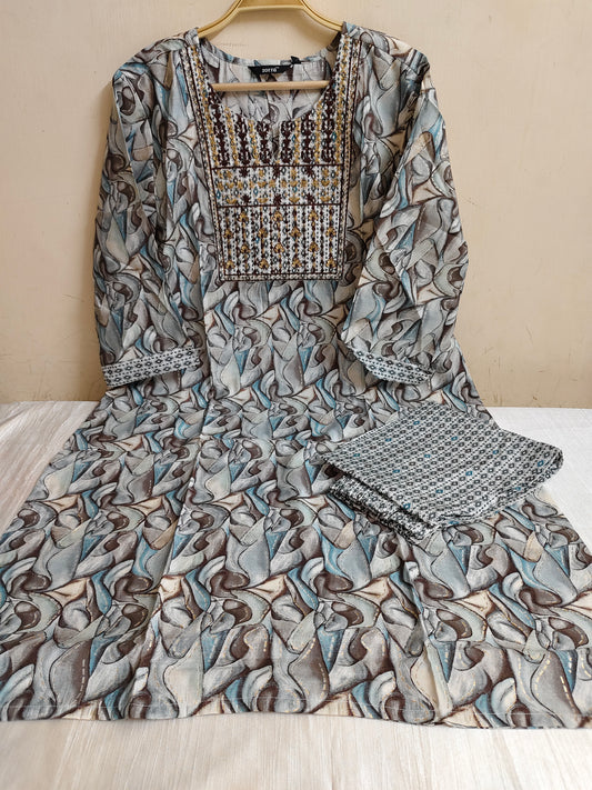 Grey & Blue Abstract Wave Print Straight Kurti 2-Piece Set | Mayura