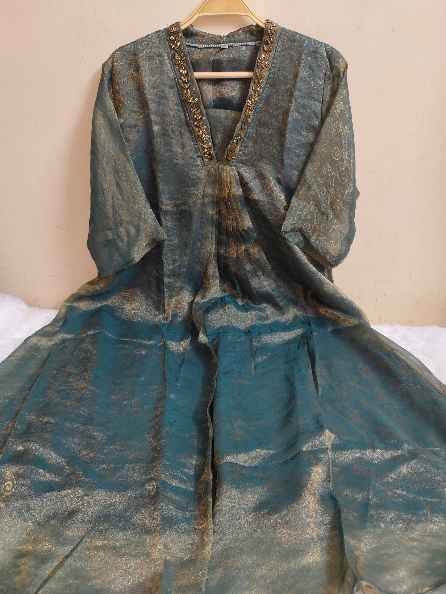 Teal Blue Embellished Jacquard Shimmer Kurti | Mayura