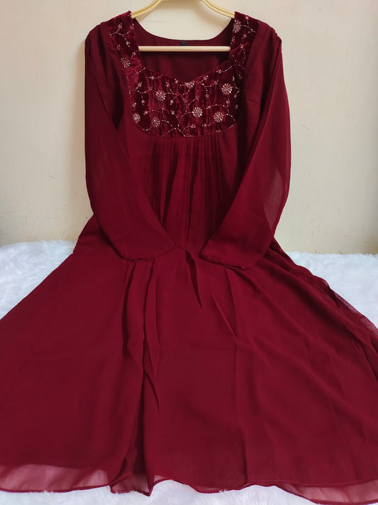 Maroon Embroidered Georgette Kurti - Floral Handwork Anarkali | Mayura