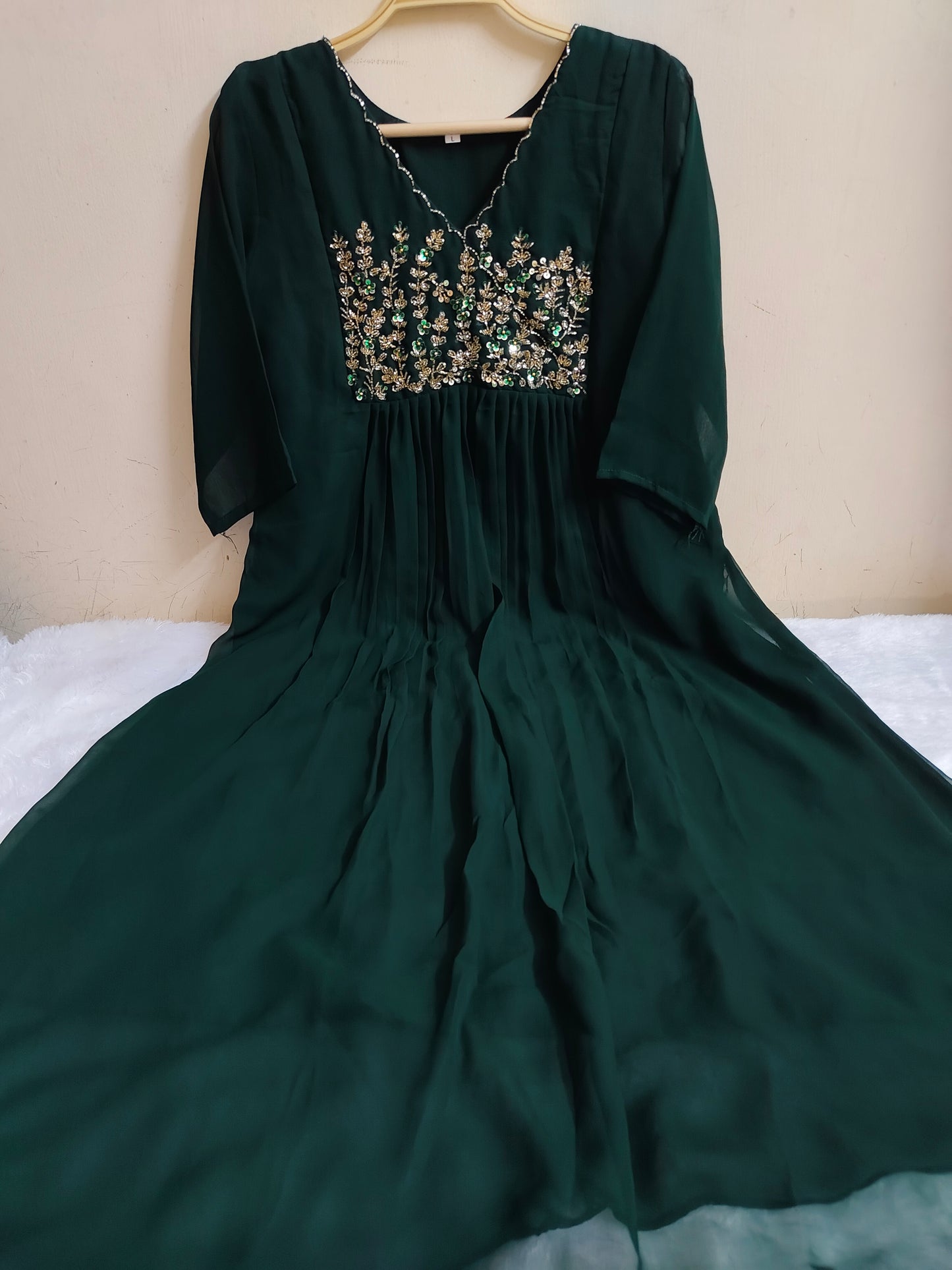 Emerald Floral Handwork Georgette Kurti with Lining | Mayura
