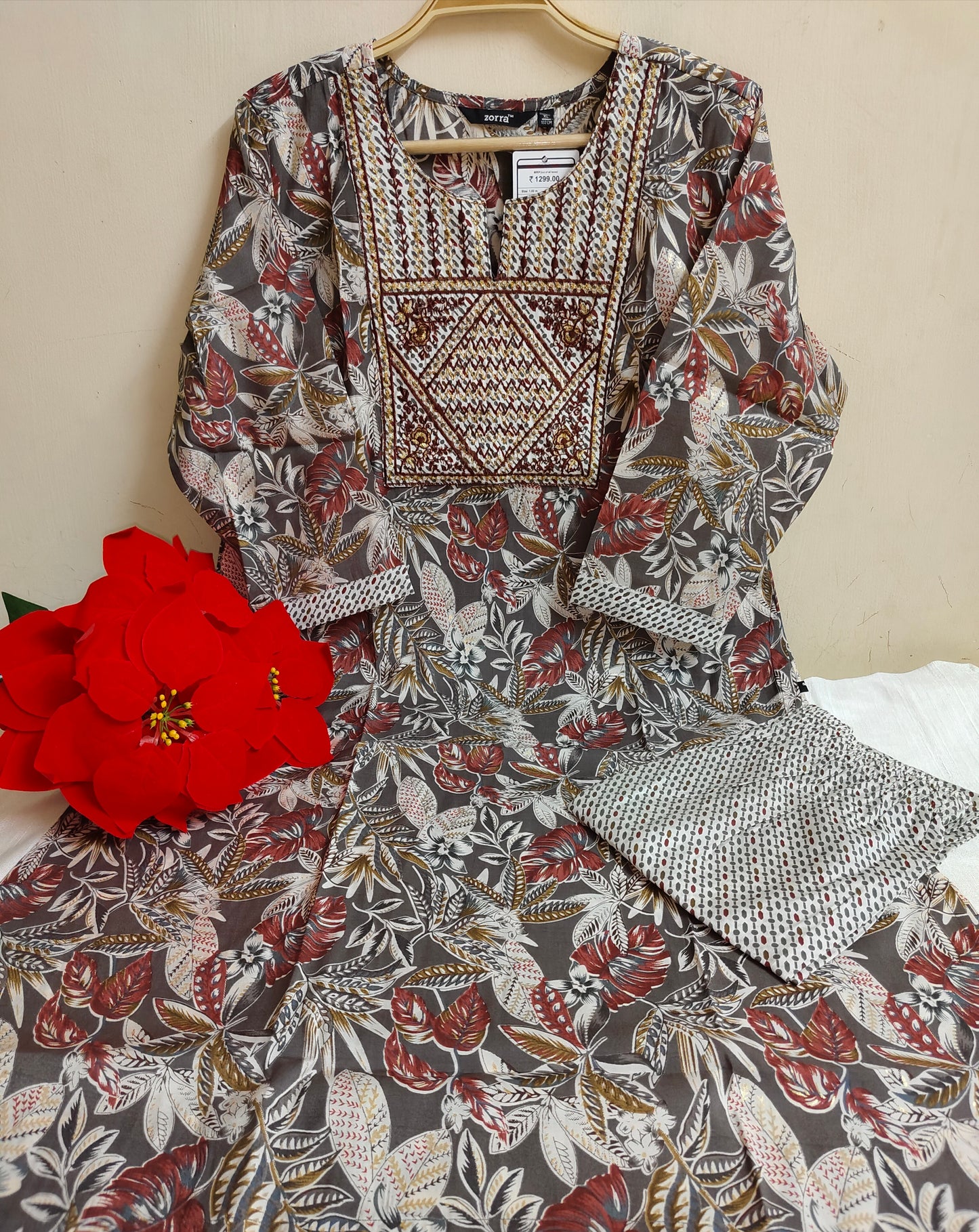 Floral Printed Chanderi Silk Kurti - 2 Piece Embroidered Set | Mayura