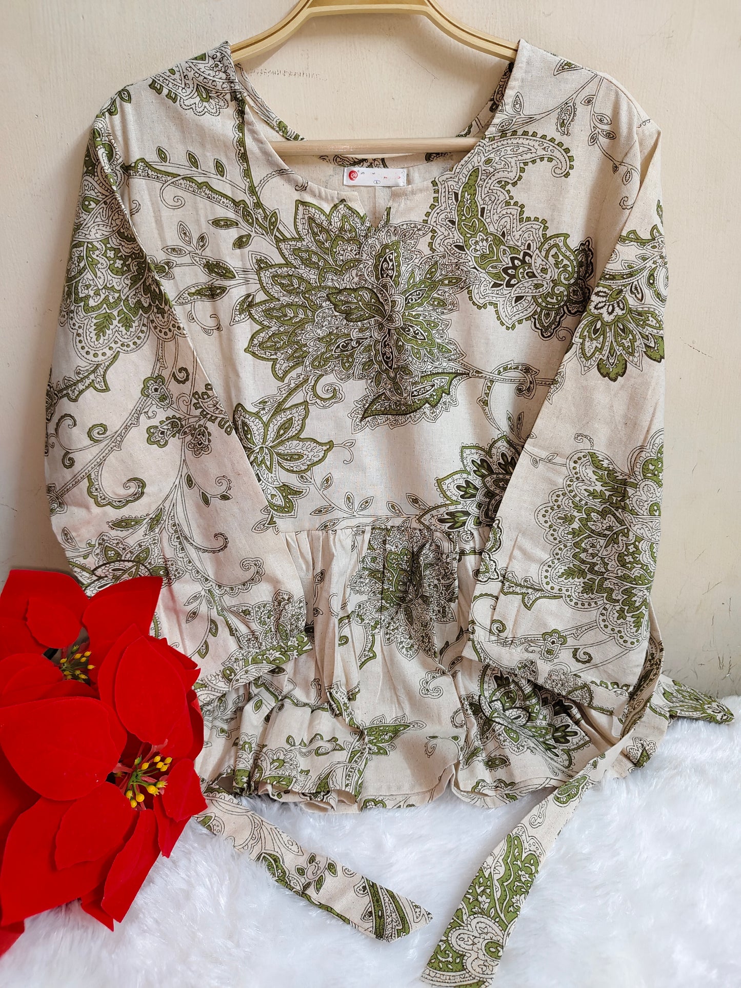 Cream Printed Cotton Peplum Top - Flared Ethnic Kurti | Mayura