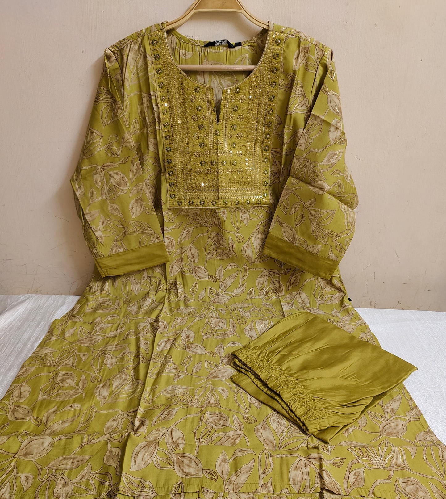 Olive Green Floral Printed Chanderi Silk Kurti - 2 Piece Embroidered Set | Mayura