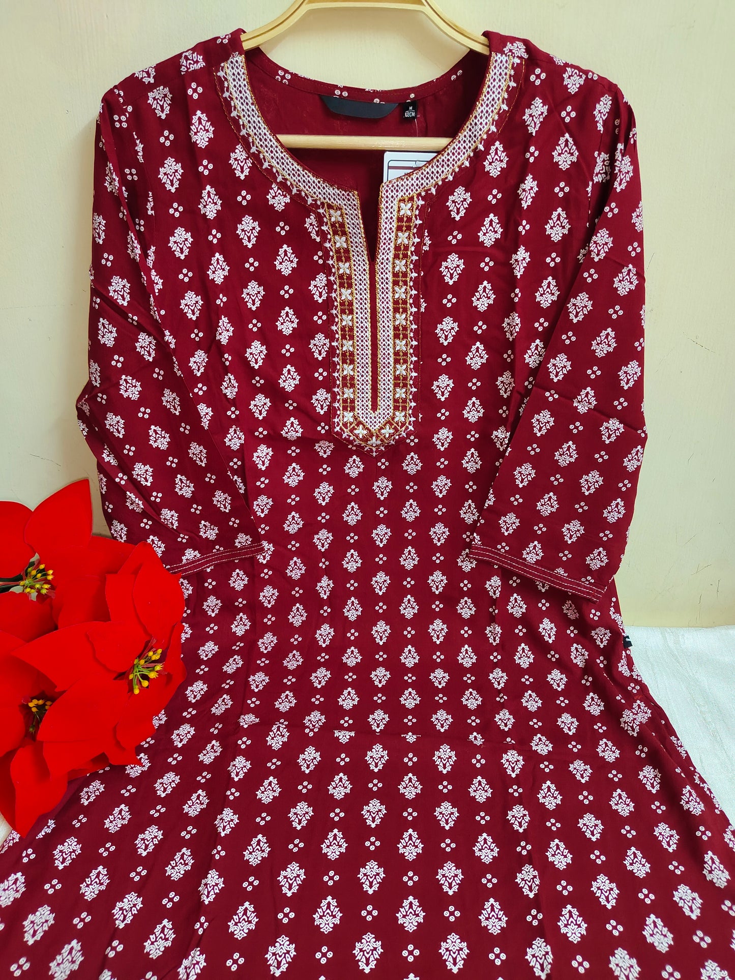 Red Booti Print Rayon Kurti with Embroidered Yoke | Festive Ethnic Wear for Women | Mayura