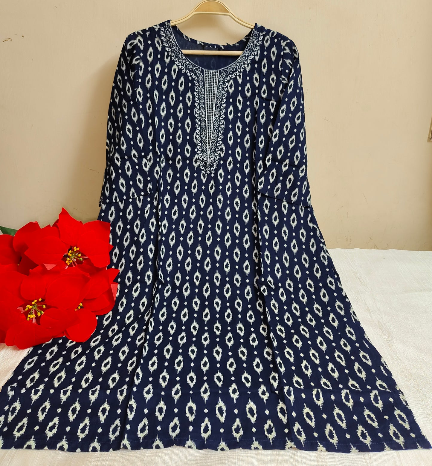 Navy Blue Ikat Eye Print Rayon Straight Kurti | Mayura