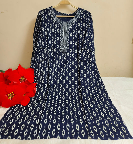 Navy Blue Ikat Eye Print Rayon Straight Kurti | Mayura