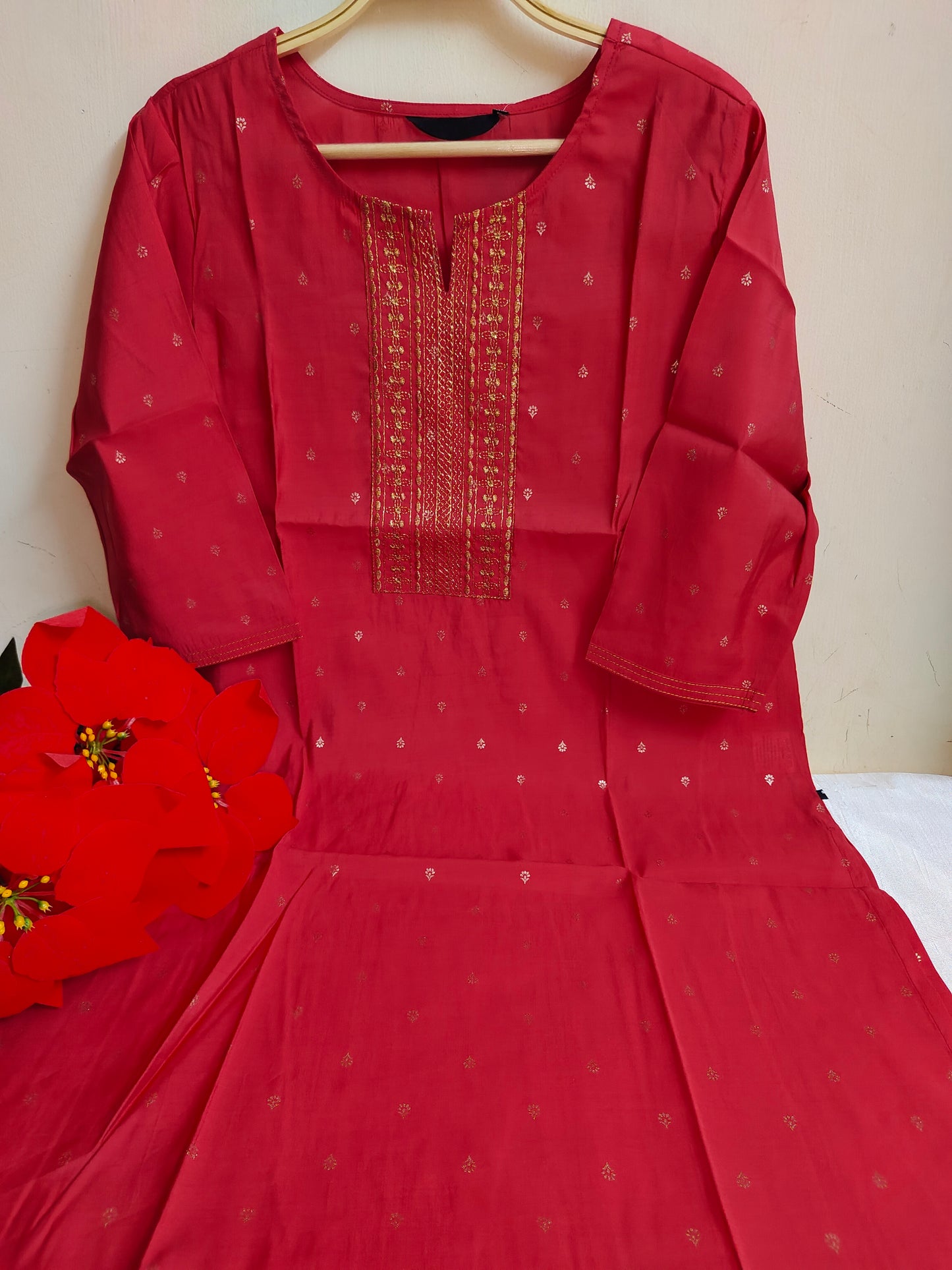 Rose Red Gold Foil Booti Print Silk Straight Kurti | Mayura