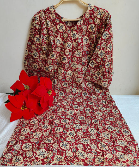 Red Kalamkari Floral Medallion & Vine Print Cotton Straight Kurti | Mayura