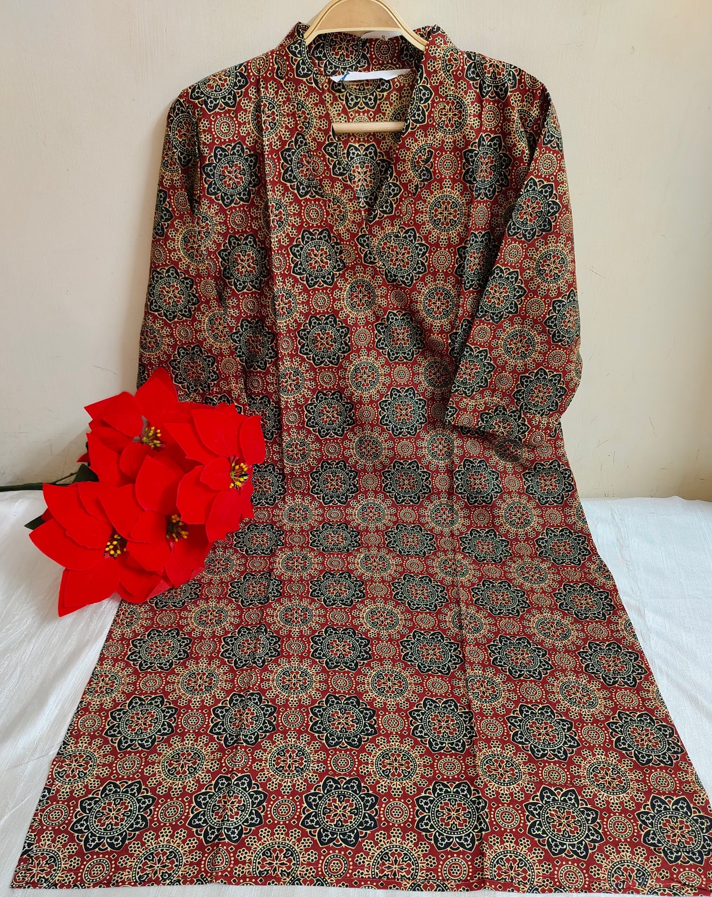 Maroon Ajrakh Geometric Mandala Print Kalamkari Cotton Straight Kurti | Mayura