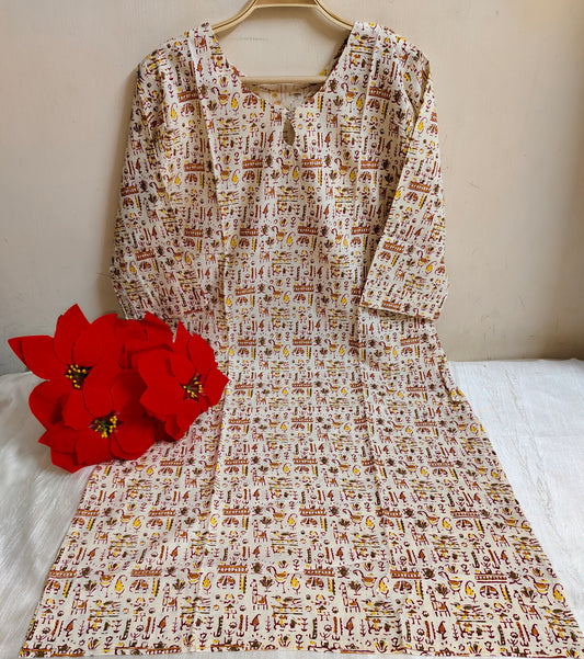 Cream Warli Tribal Folk Art Print Kalamkari Cotton Straight Kurti | Mayura
