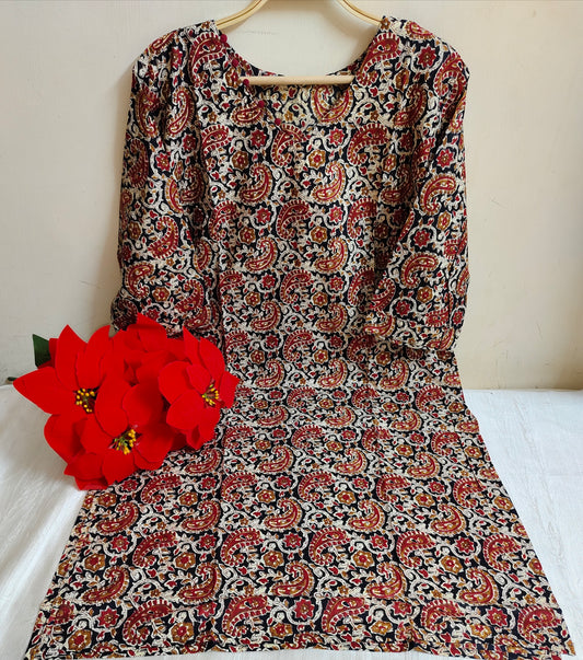 Black & Red Kalamkari Paisley & Floral Vine Print Cotton Straight Kurti | Mayura